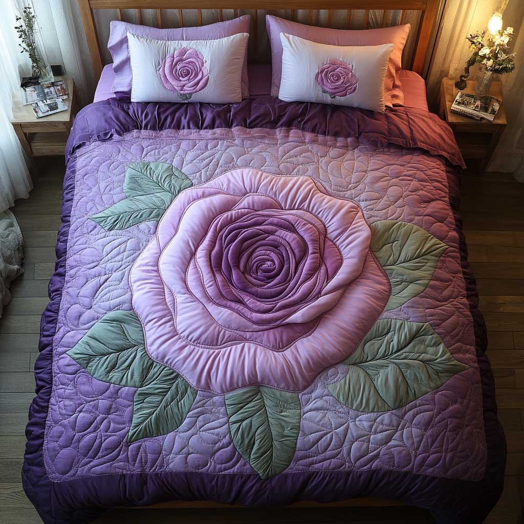 Purple Blooming Rose WP1102003CL Quilted Bedding Set