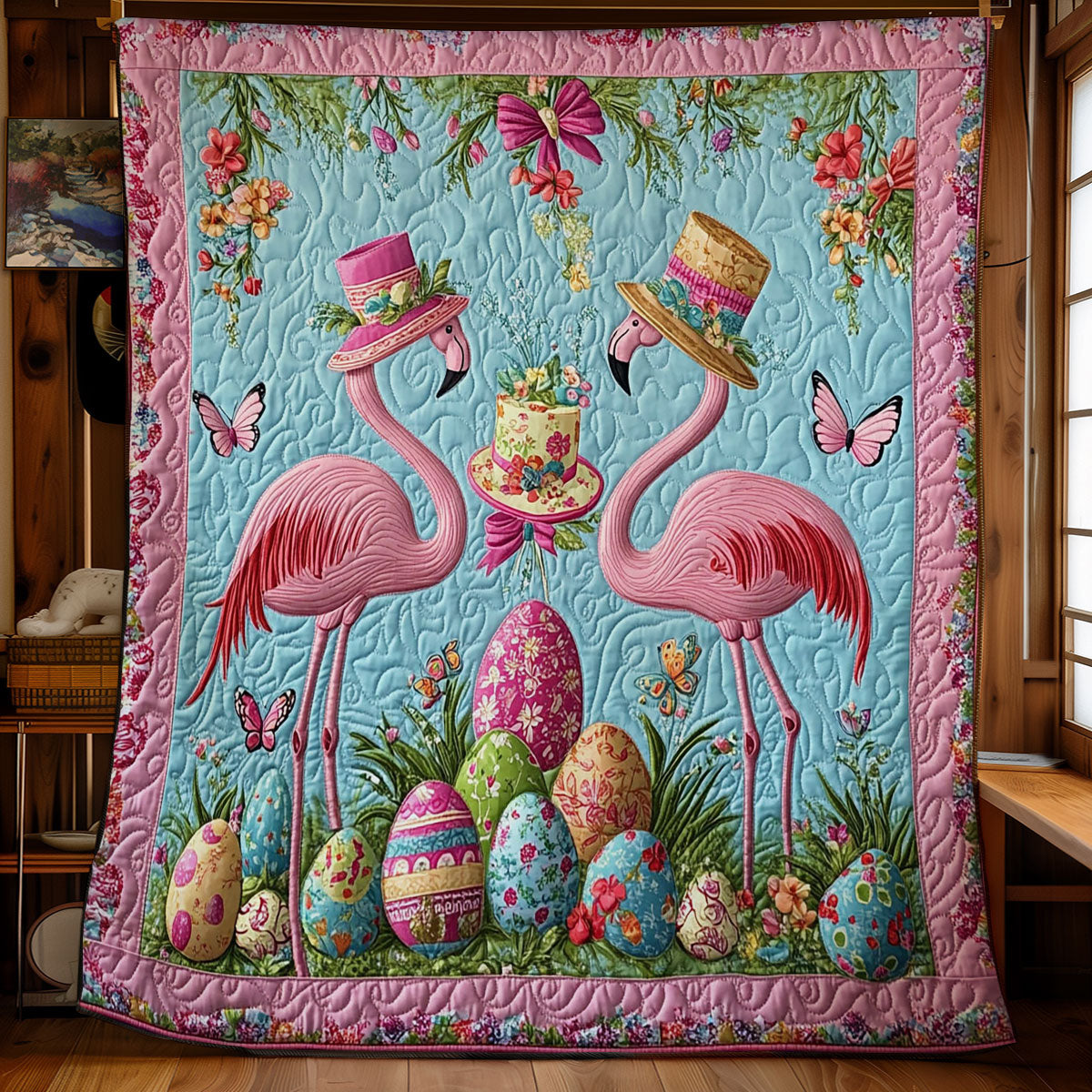 Easter Egg Flamingo WY2001074CL Quilt Blanket