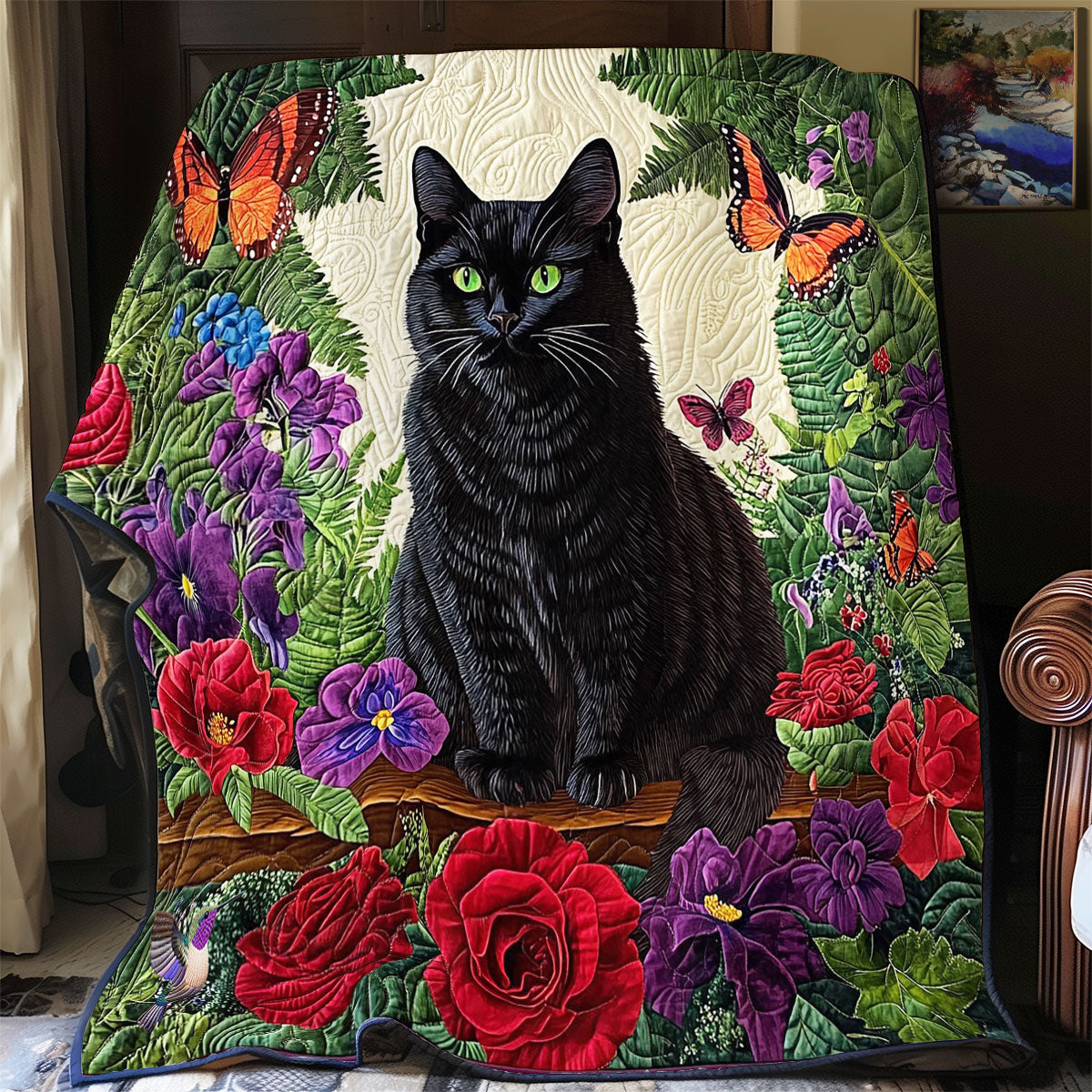 Black Cat In Garden WY2512003CL Quilt Blanket