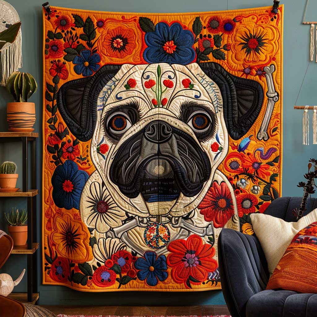 Vibrant Pug Patchwork WN2210003CL Quilt Blanket