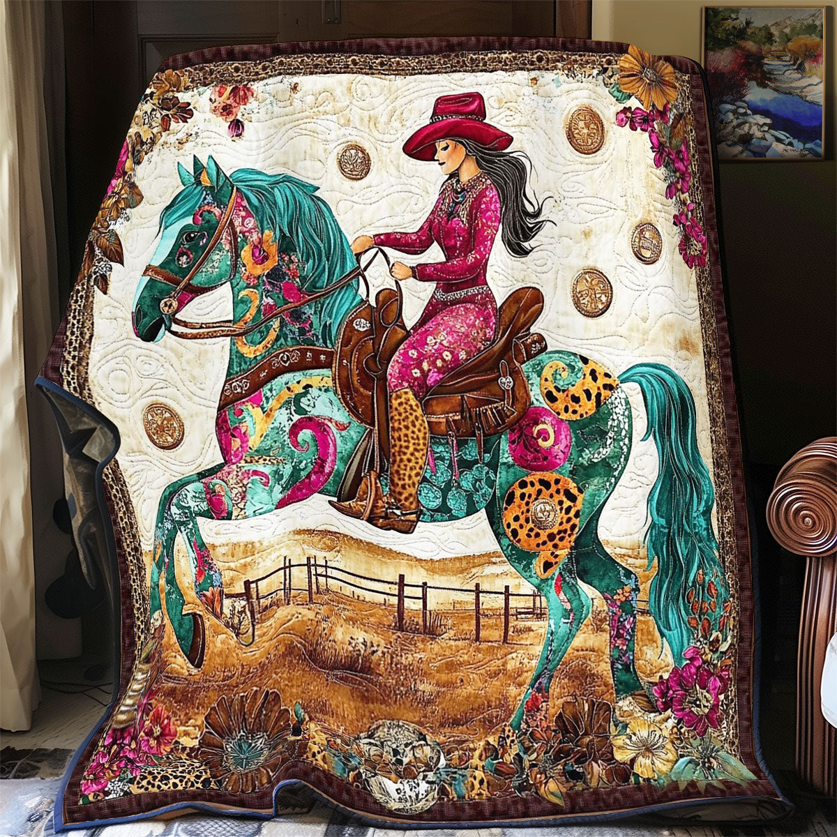Vibrant Cowboy Riding Horse WY2201086CL Quilt Blanket