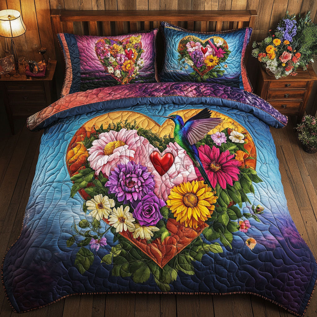 Hummingbird Heart Flower WT0703069CL Quilted Bedding Set