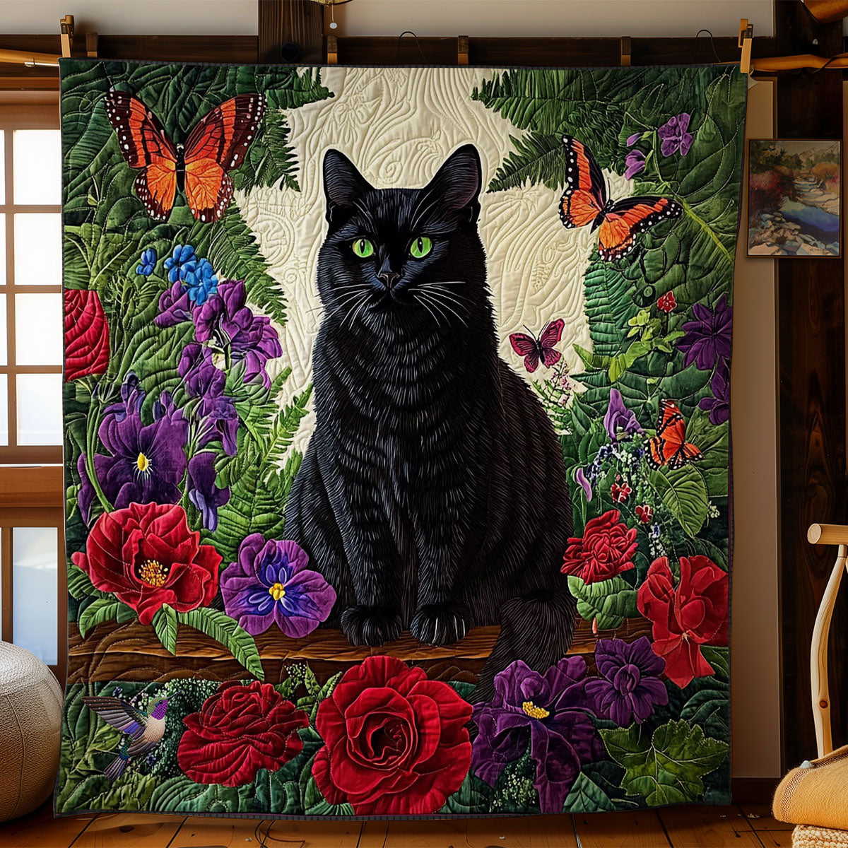 Black Cat In Garden WY2512003CL Quilt Blanket