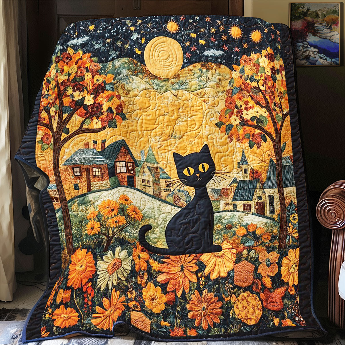Cat In Autumn Night WY1002026CL Quilt Blanket