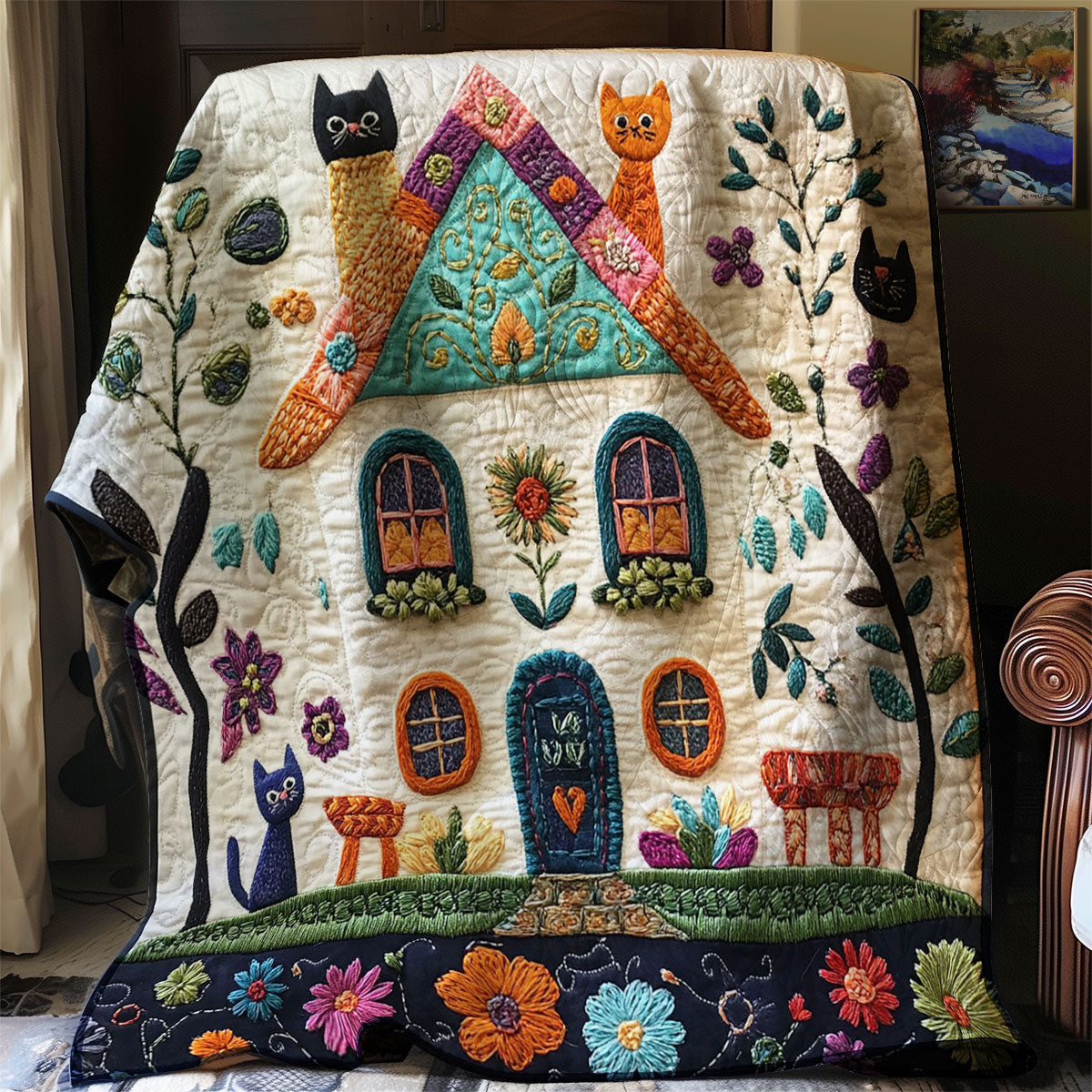 Cozy Cottage Cat WJ1302005CL Quilt Blanket