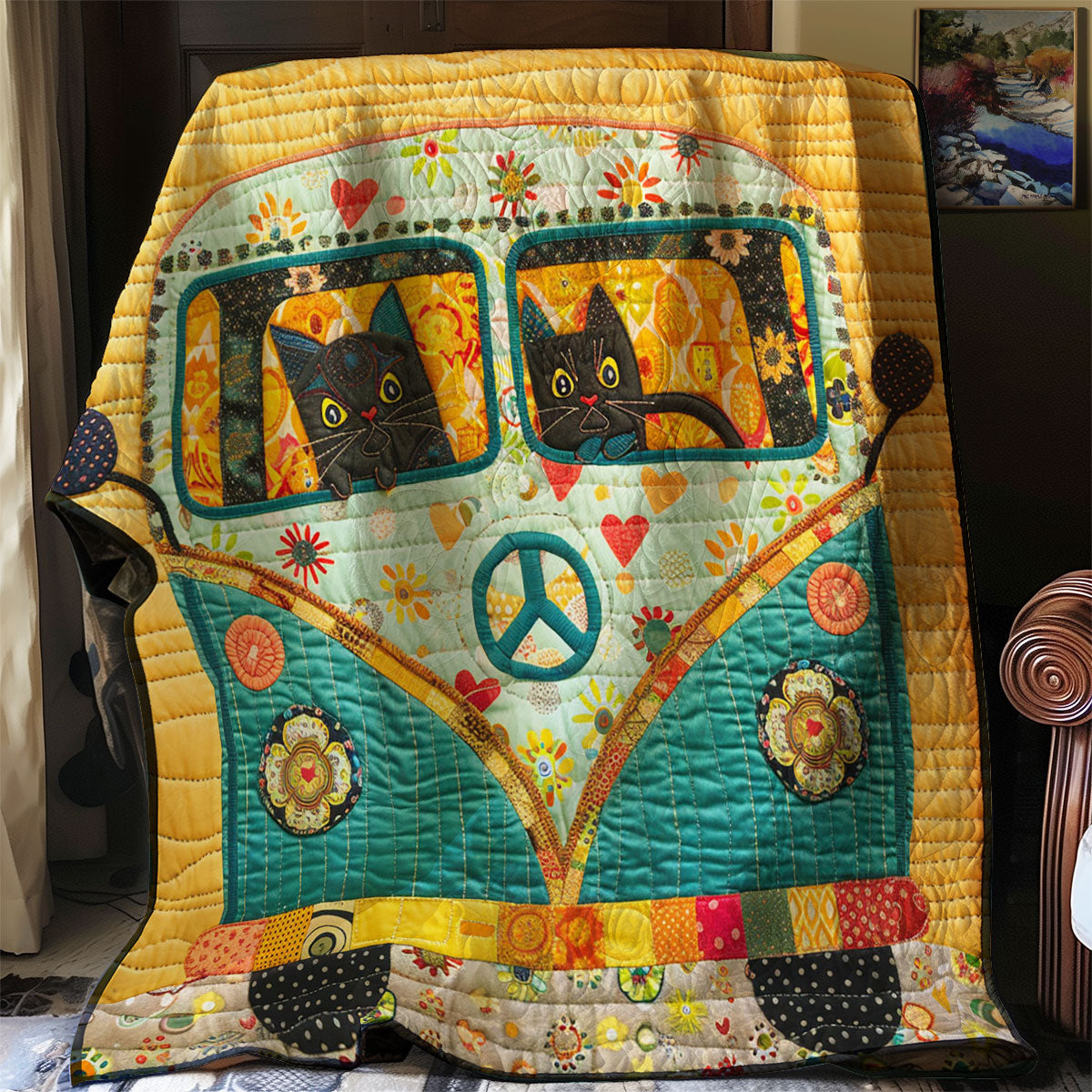 Hippie Van Cat WJ2502012CL Quilt Blanket
