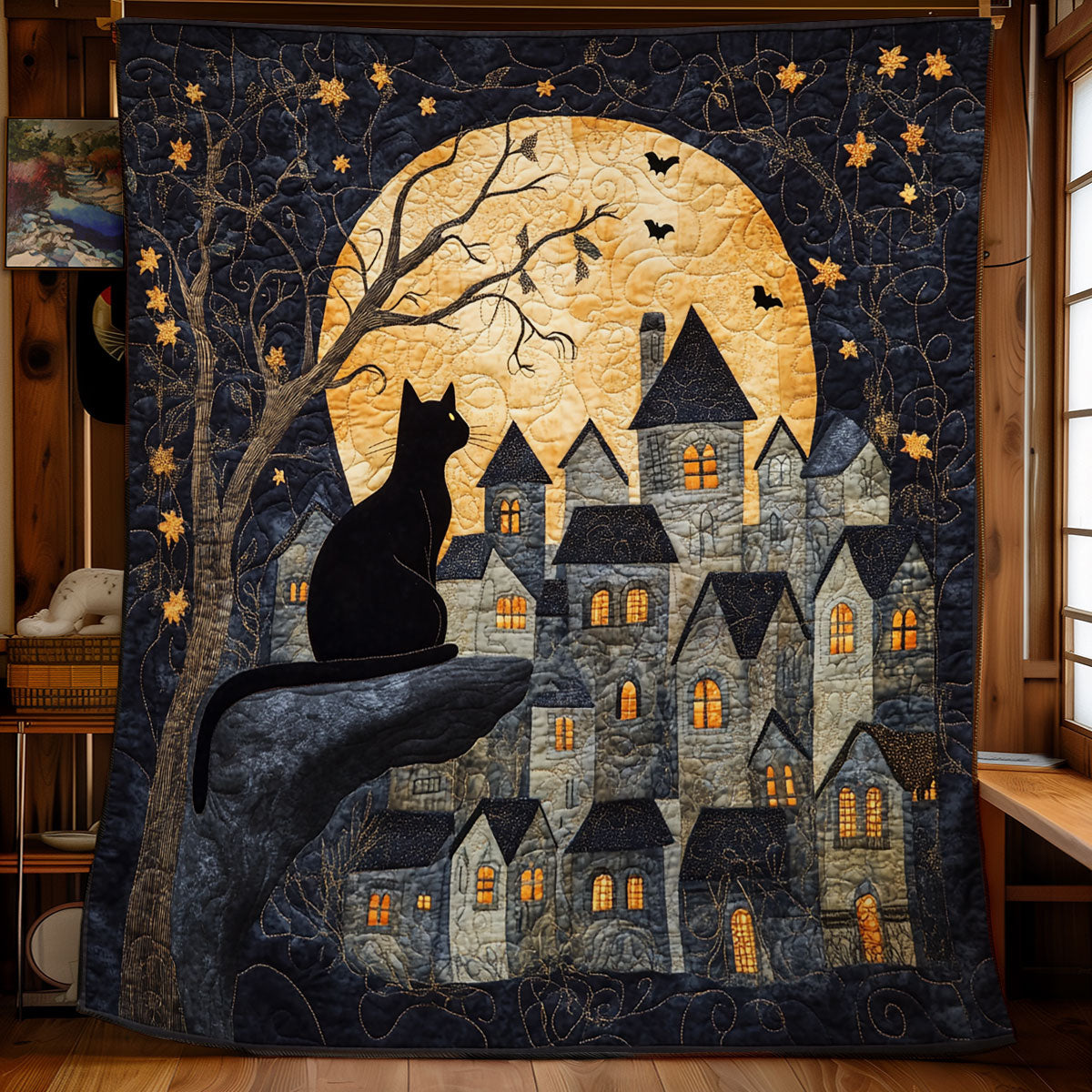 Black Cat Starry Night WU1002077CL Quilt Blanket