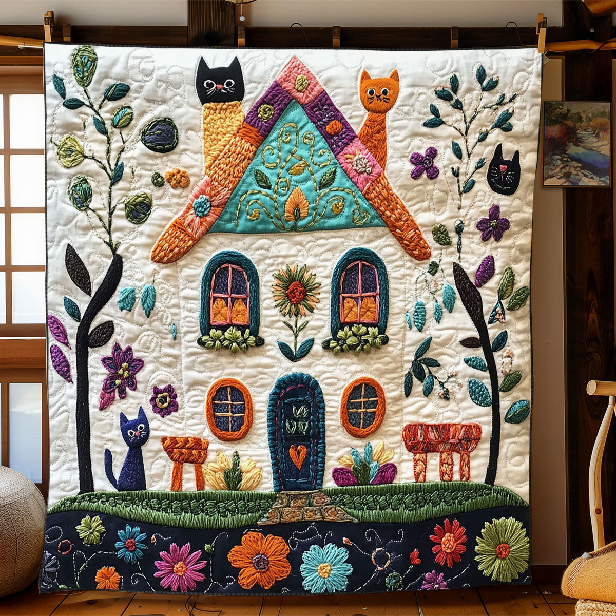 Cozy Cottage Cat WJ1302005CL Quilt Blanket