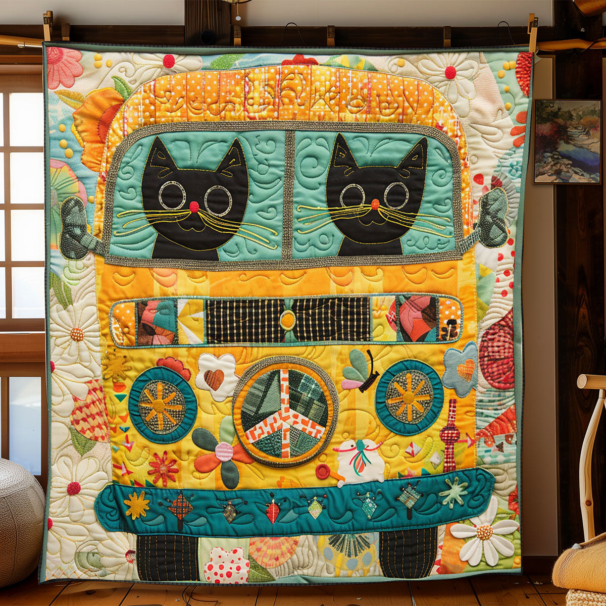 Hippie Van Cat WJ2502011CL Quilt Blanket