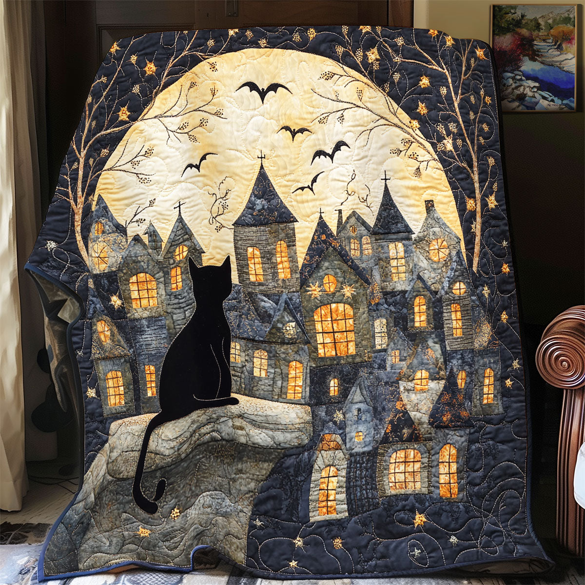 Black Cat Starry Night WU1002078CL Quilt Blanket