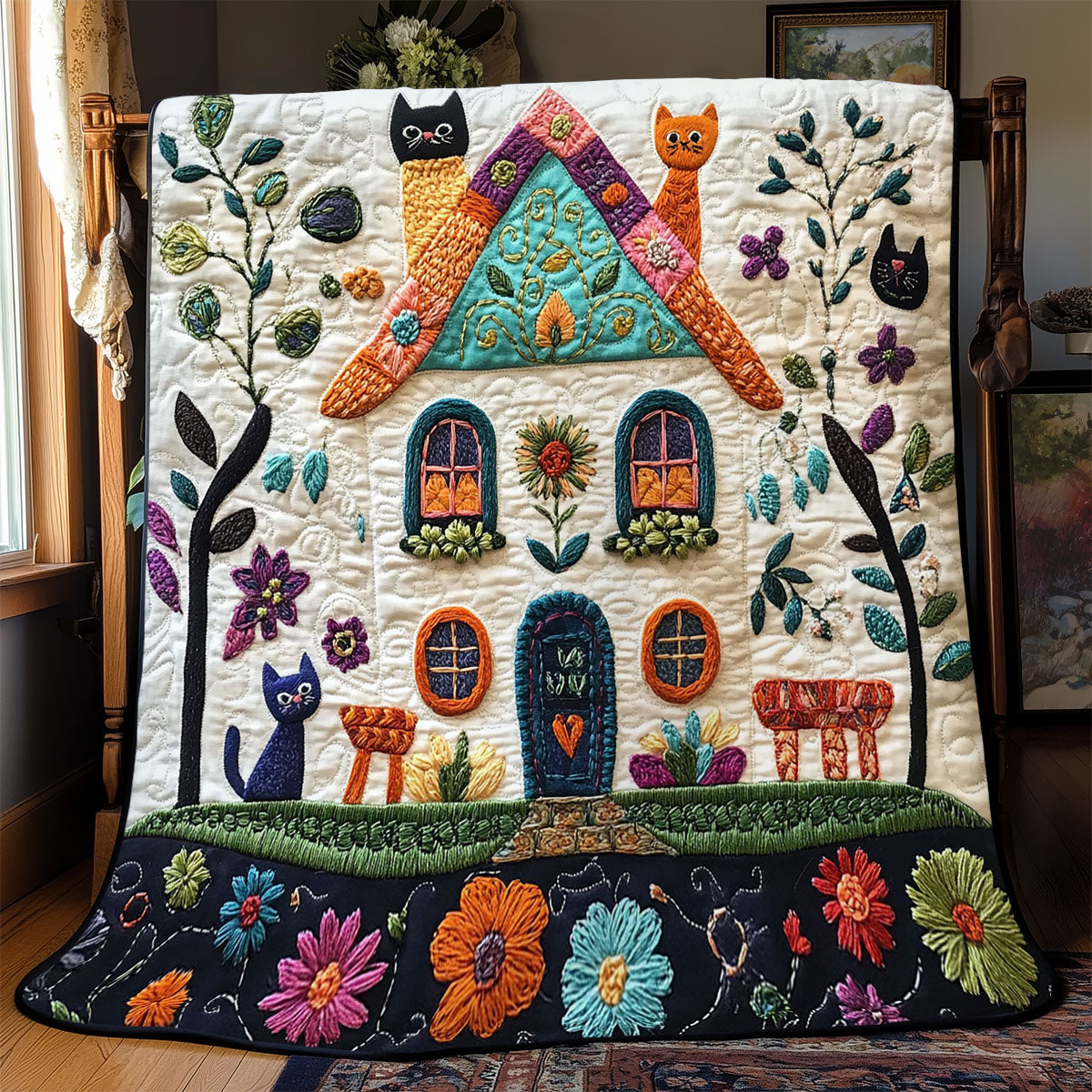 Cozy Cottage Cat WJ1302005CL Quilt Blanket